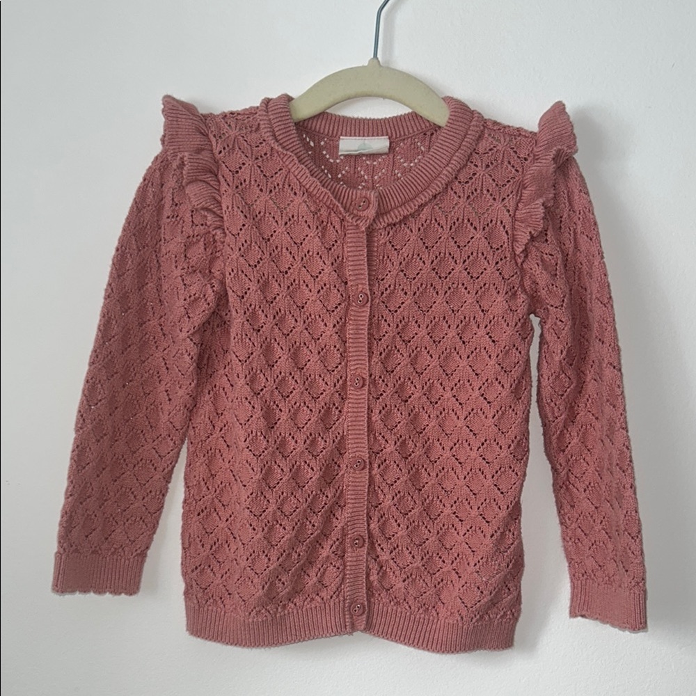 Pink Knit Cardigan with Ruffle Details